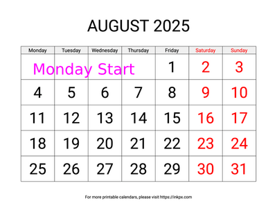 Free Printable Large Weekend Highlighted August 2025 Calendar (Monday Start)