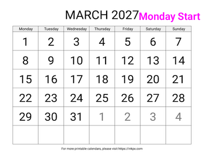 Free Printable Large March 2027 Calendar (Monday Start)