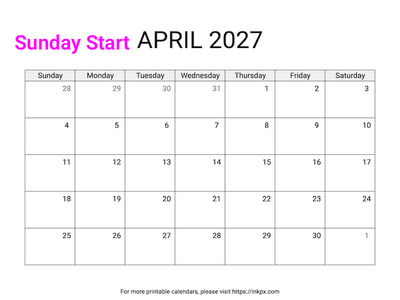 Free Printable April 2027 Calendar (Sunday Start)