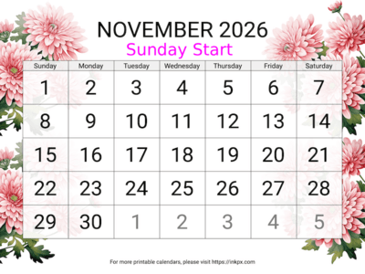Free Printable Large Chrysanthemum November 2026 Calendar (Sunday Start)