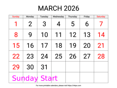 Free Printable Large Weekend Highlighted March 2026 Calendar (Sunday Start)