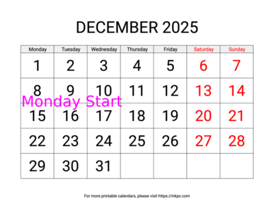 Free Printable Large Weekend Highlighted December 2025 Calendar (Monday Start)