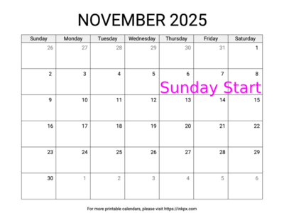 Free Printable Simple November 2025 Calendar (Sunday Start)