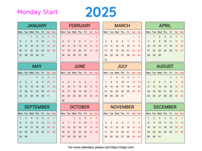 Free Printable Weekend Highlight Colorful 2025 Calendar (Landscape, Monday First)