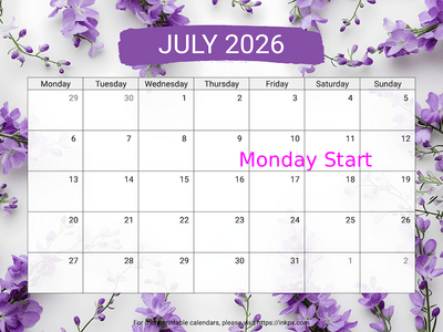 Free Printable Larkspur July 2026 Calendar (Monday Start)