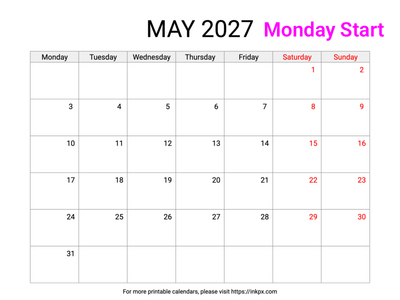 Free Printable Weekend Highlighted May 2027 Calendar (Monday Start)