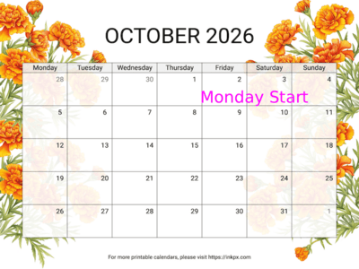 Free Printable Marigold October 2026 Calendar (Monday Start)