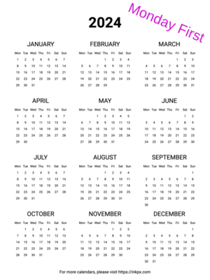 Printable Blank Clean 2024 Yearly Calendar (Monday First)