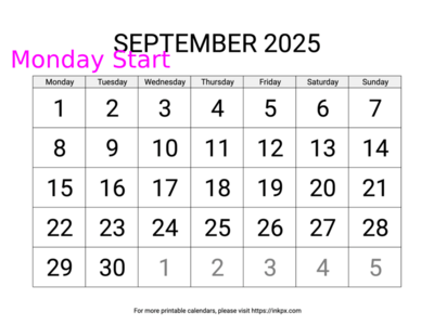 Free Printable Large September 2025 Calendar (Monday Start)