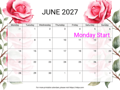 Free Printable Rose June 2027 Calendar (Monday Start)