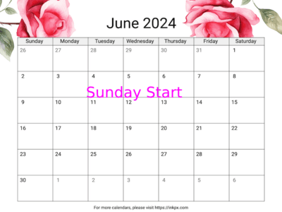 Printable Rose June 2024 Calendar (Sunday Start)