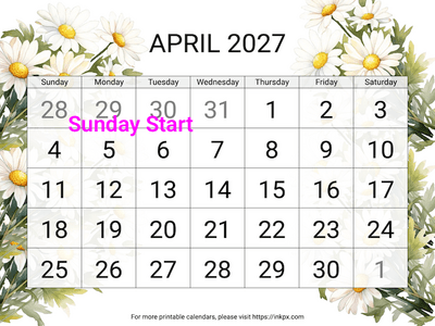 Free Printable Large Daisy April 2027 Calendar (Sunday Start)