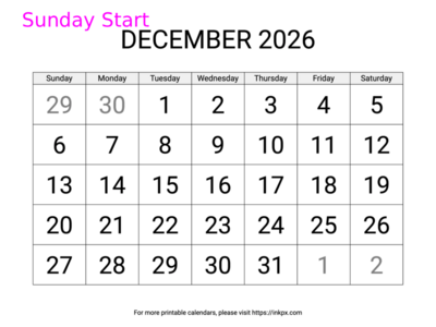 Free Printable Large December 2026 Calendar (Sunday Start)