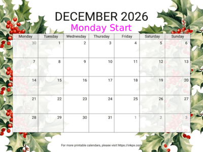 Free Printable Holly December 2026 Calendar (Monday Start)