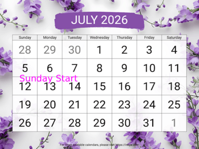 Free Printable Large Larkspur July 2026 Calendar (Sunday Start)