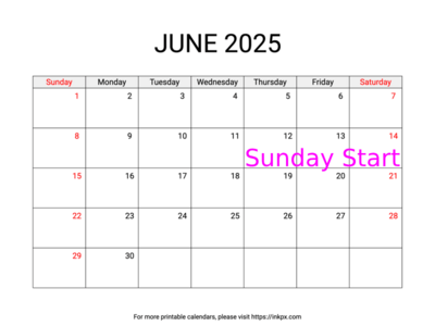 Free Printable Weekend Highlighted June 2025 Calendar (Sunday Start)