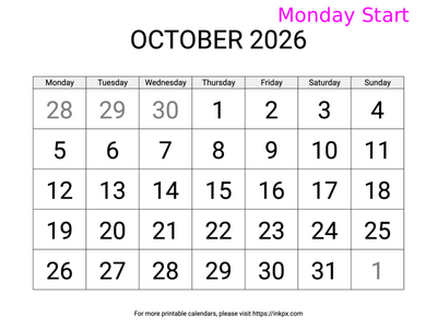 Free Printable Large October 2026 Calendar (Monday Start)