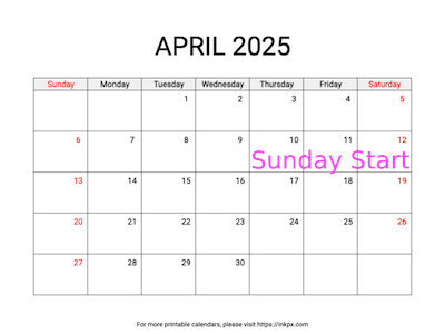 Free Printable Weekend Highlighted April 2025 Calendar (Sunday Start)