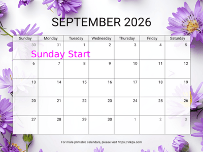 Free Printable Aster Background September 2026 Calendar (Sunday Start)