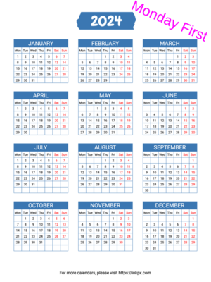 Printable Grid 2024 Calendar (Monday First)