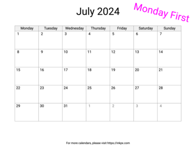 Printable Blank July 2024 Calendar (Monday First)