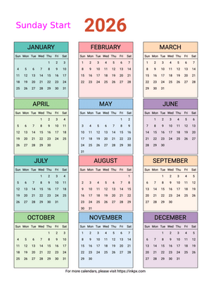 Free Printable Colorful Table 2026 Yearly Calendar (Sunday Start)
