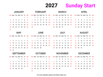 Free Printable Weekend Highlight 2027 Calendar (Landscape, Sunday Start)
