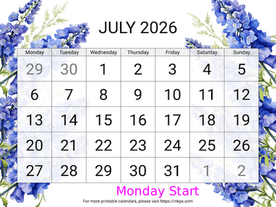 Free Printable Large Delphinium July 2026 Calendar (Monday Start)