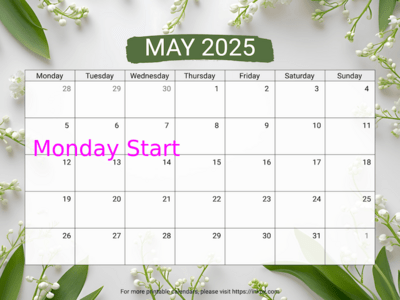 Free Printable Lily of the Valley Background May 2025 Calendar (Monday Start)