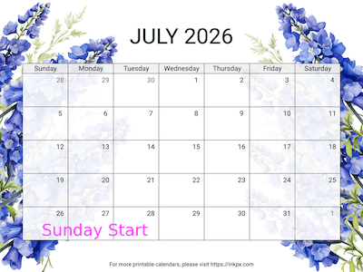Free Printable Delphinium July 2026 Calendar (Sunday Start)