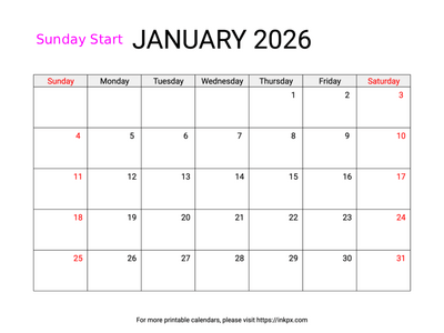 Free Printable Weekend Highlighted January 2026 Calendar (Sunday Start)