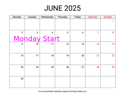 Free Printable Weekend Highlighted June 2025 Calendar (Monday Start)