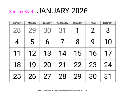 Free Printable Large Font January 2026 Calendar (Sunday Start)