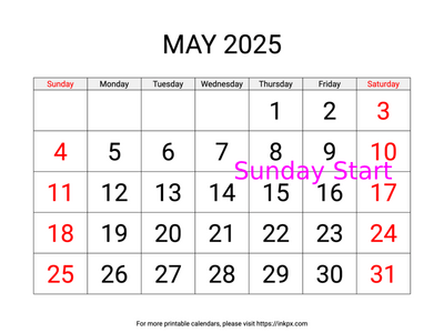 Free Printable Large Weekend Highlighted May 2025 Calendar (Sunday Start)