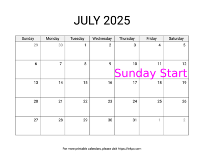 Free Printable Simple July 2025 Calendar (Sunday Start)