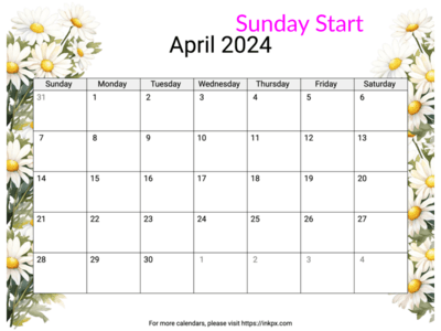 Printable Daisy April 2024 Calendar (Sunday First)