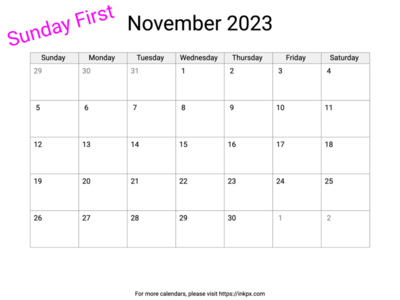 Printable Blank November 2023 Calendar (Sunday First)
