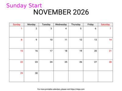 Free Printable Weekend Highlighted November 2026 Calendar (Sunday Start)