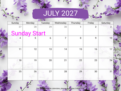 Free Printable Larkspur July 2027 Calendar (Sunday Start)