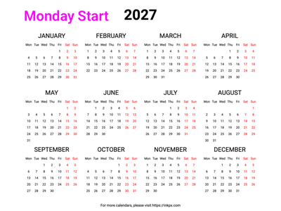 Free Printable Weekend Highlight 2027 Calendar (Landscape, Monday Start)