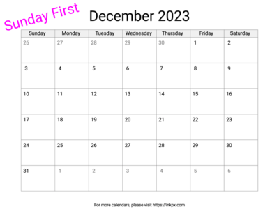 Printable Blank December 2023 Calendar (Sunday First)