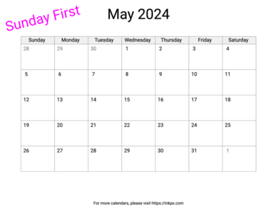 Printable Blank May 2024 Calendar (Sunday First)