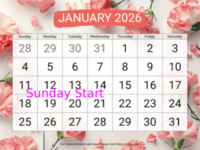 Free Printable Carnation Background Large January 2026 Calendar (Sunday Start)