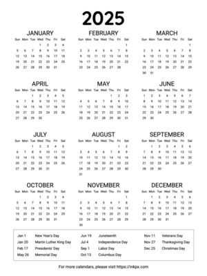 Free Printable Minimalist 2025 Yearly Calendar with US Holiday