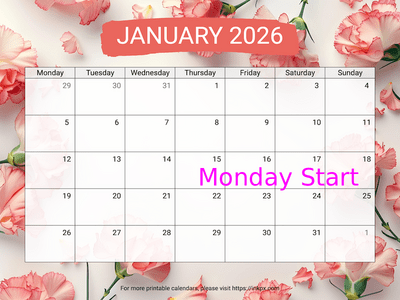 Free Printable Carnation Background January 2026 Calendar (Monday Start)