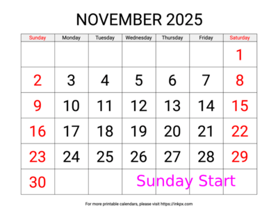 Free Printable Large Weekend Highlighted November 2025 Calendar (Sunday Start)