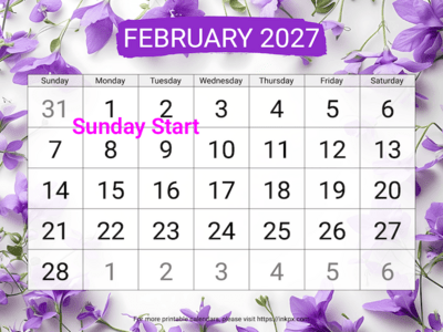 Free Printable Violet Large February 2027 Calendar (Sunday Start)