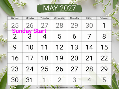 Free Printable Large Lily of the Valley May 2027 Calendar (Sunday Start)