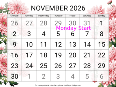 Free Printable Large Chrysanthemum November 2026 Calendar (Monday Start)