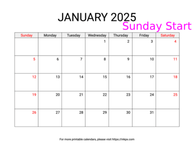 Free Printable Weekend Highlighted January 2025 Calendar (Sunday Start)